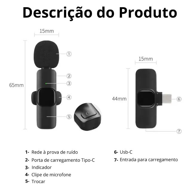 Microfone Lapela Tipo C Sem Fio Celular Android iPhone Com Adaptador Usb-C Lightning - Foto 2