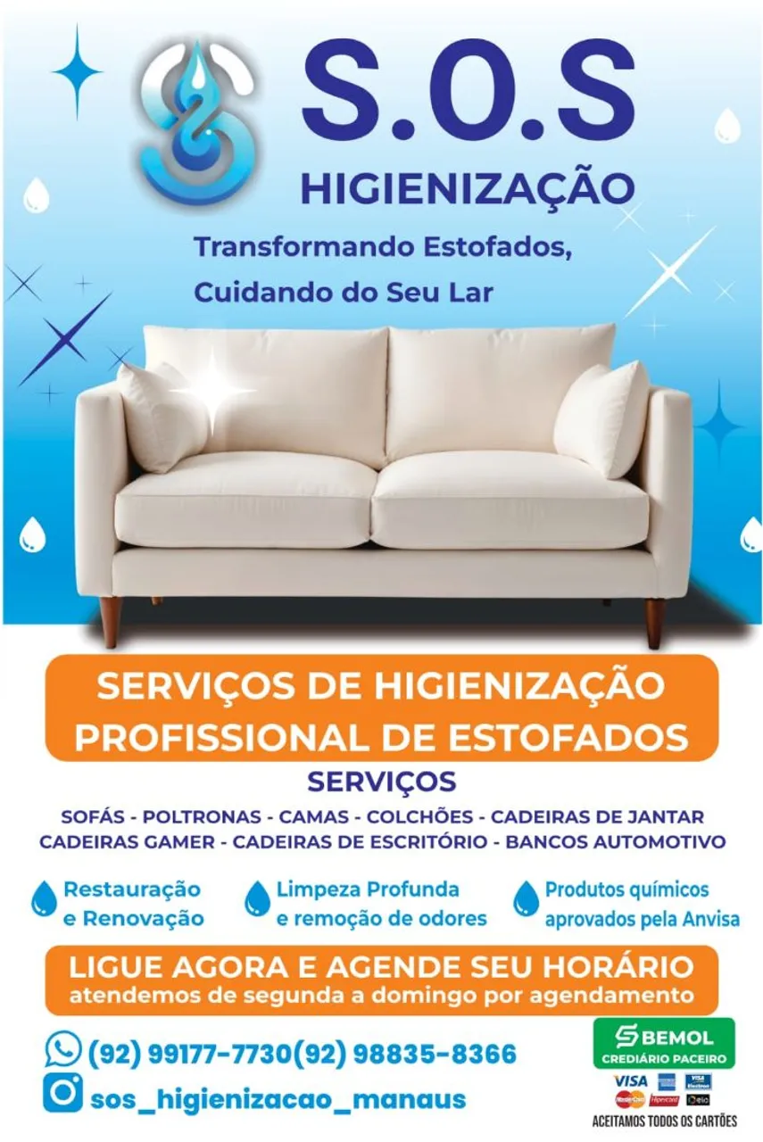 Higienização Profissional Cama, Sofá, Poltrona, Colchão, Cadeira. Lavagem a seco