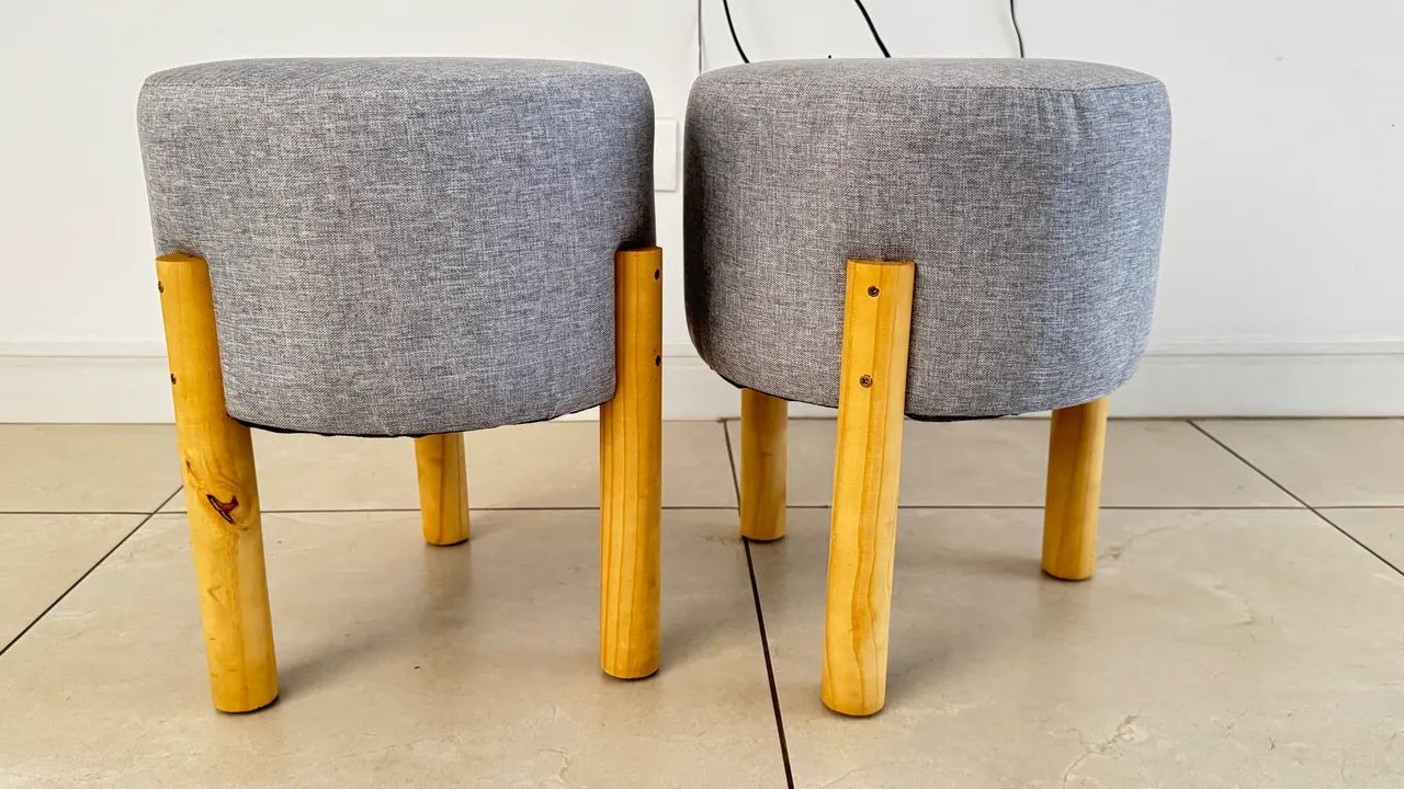 Luxury Linen Living Room Pouf Set (2 pcs) with Solid Wood Legs