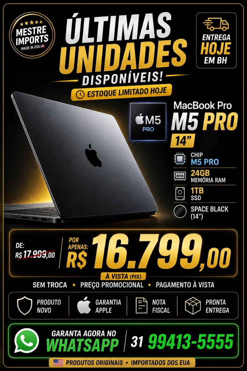 MacBook Pro M5 Pro 14 polegadas 24GB RAM 1TB SSD Novo Entrega Hoje