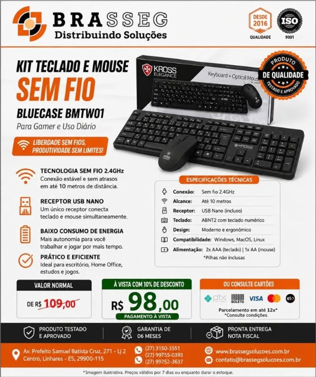 Kit Teclado e Mouse Sem Fio Kross Elegance
