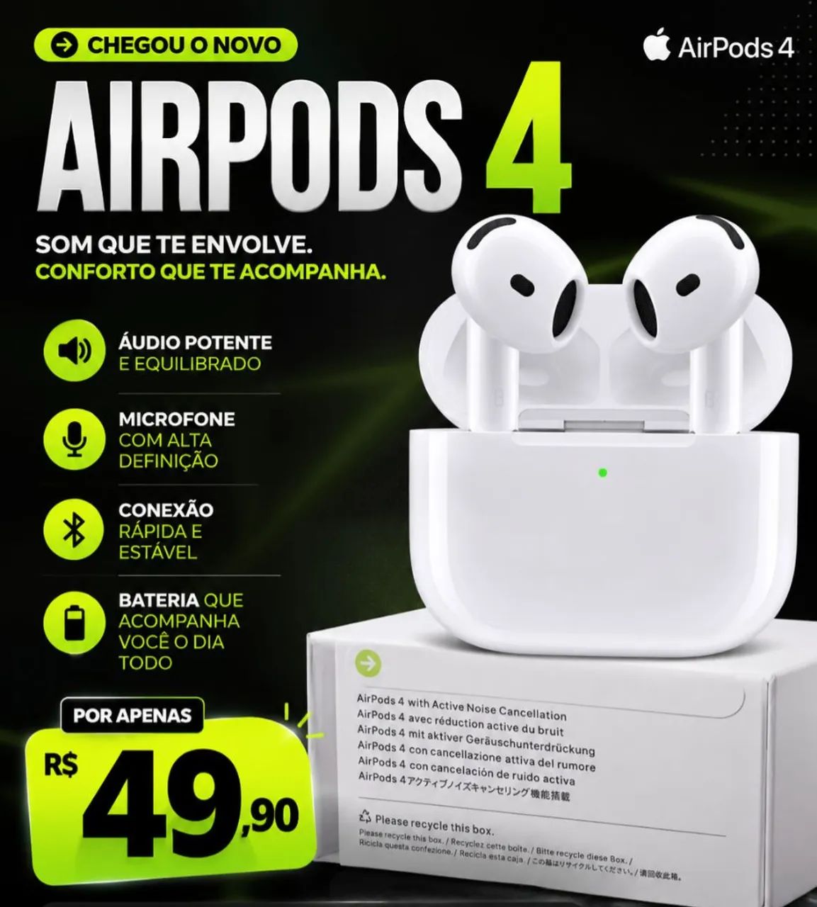 Airpods 4 - Fone Bluetooth pra Android e IPhone 