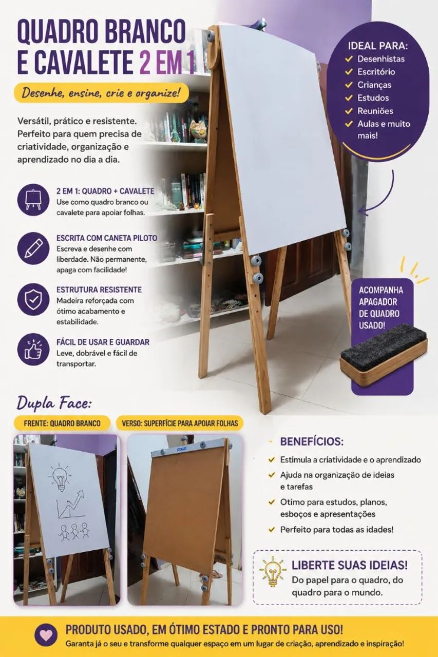 Cavalete 2 em 1: Quadro branco e cavalete para apoio de colha e telas