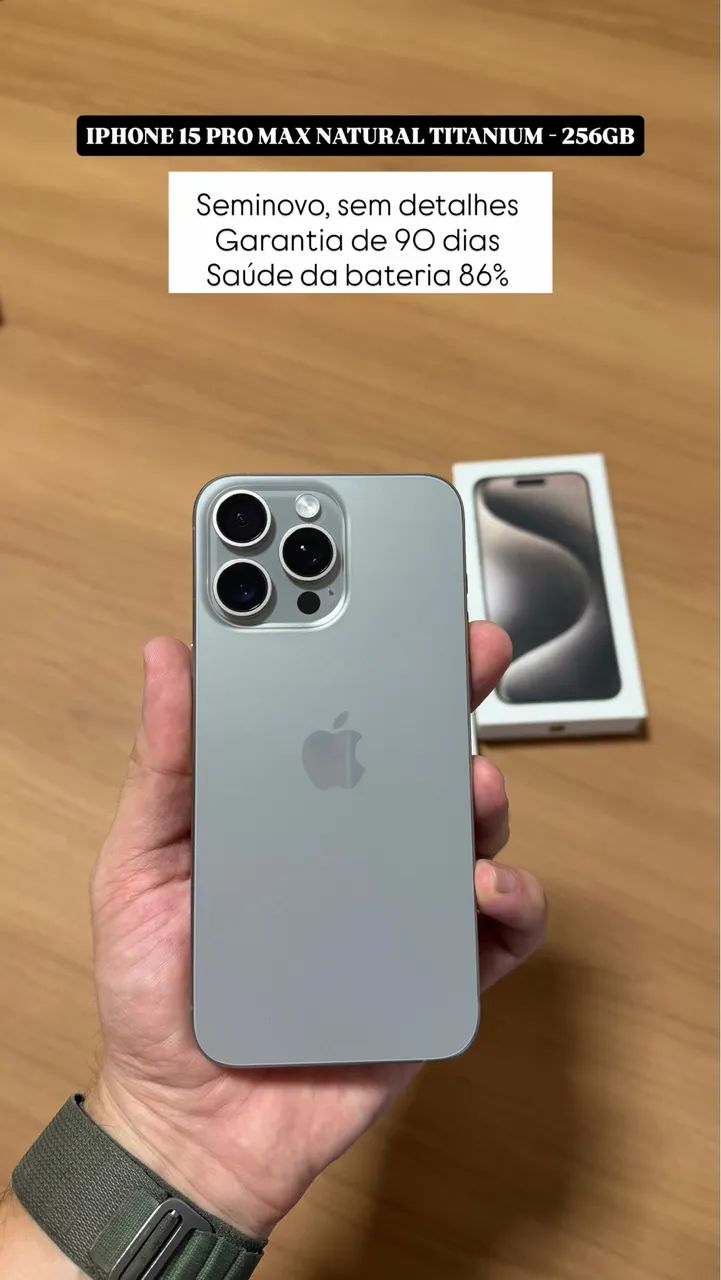 iPhone 15 Pro Max 256GB Natural Titanium, Seminovo impecável 86