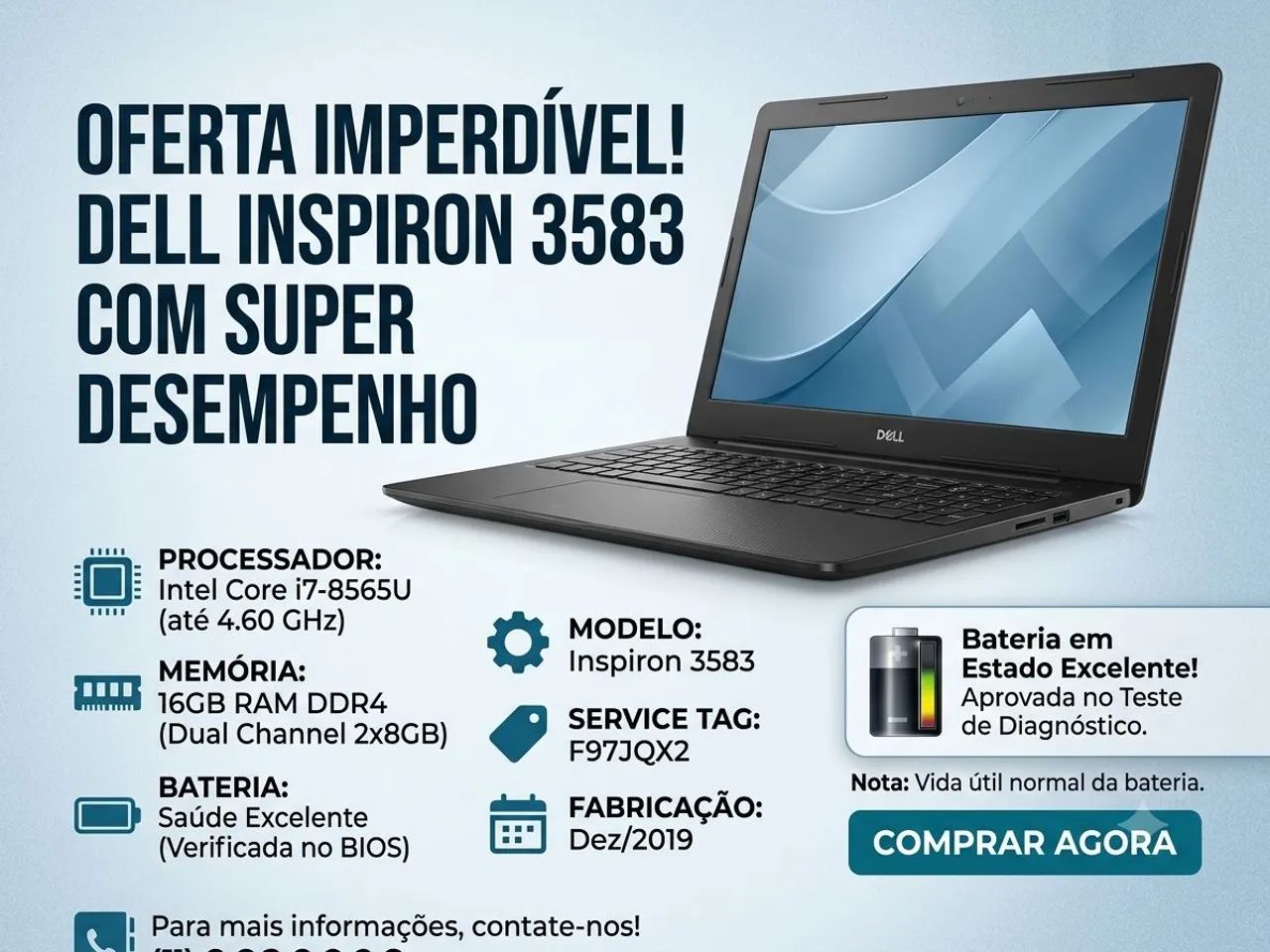 Notebook Dell Inspiron 3583 com Intel Core i7 de 8ª Geração e 16GB de RAM