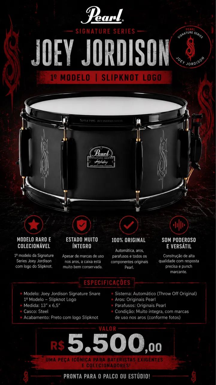 Caixa Pearl Joey Jordison 13x6,5 Steel Slipknot - Instrumentos