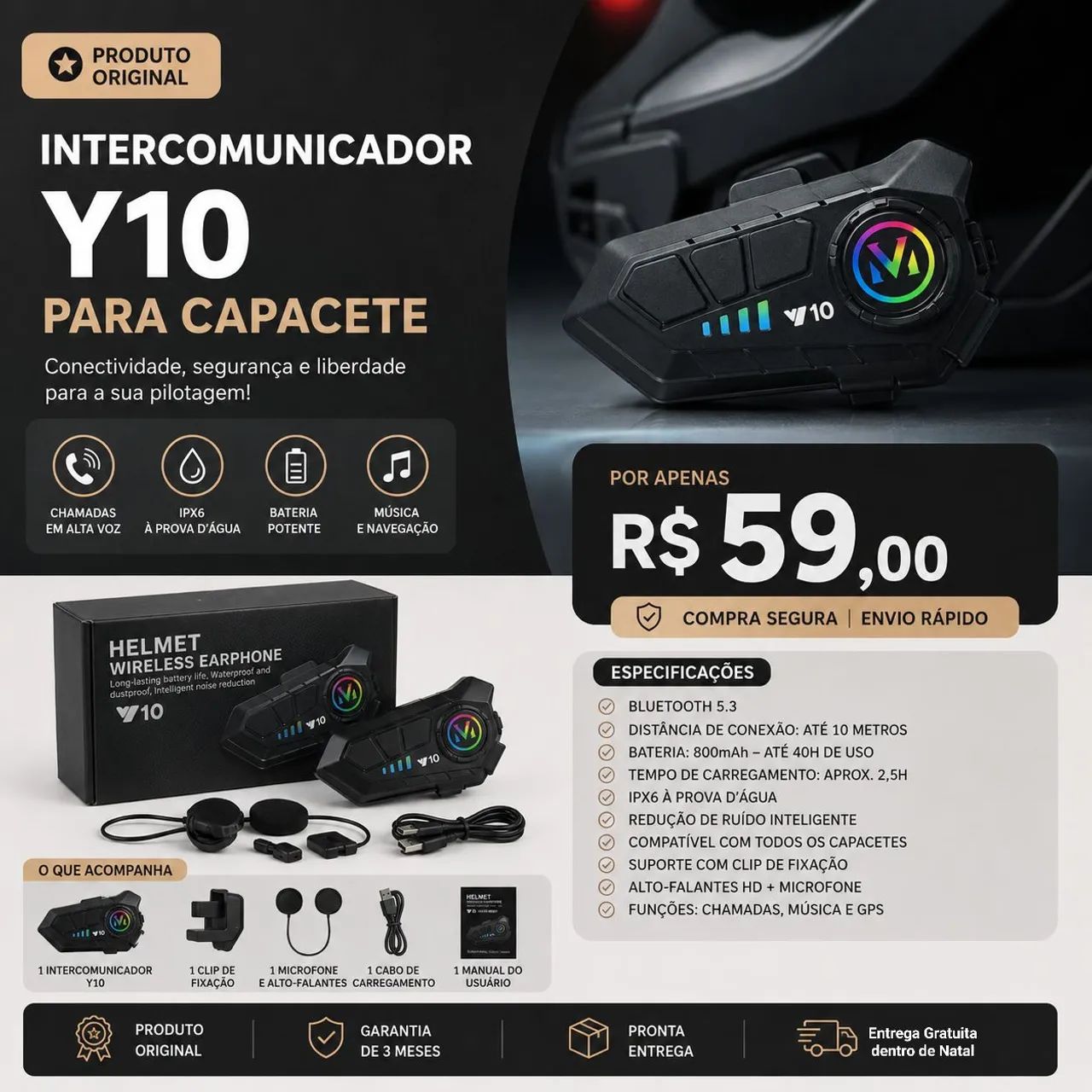 Intercomunicador de Capacete Y10 Original Novo