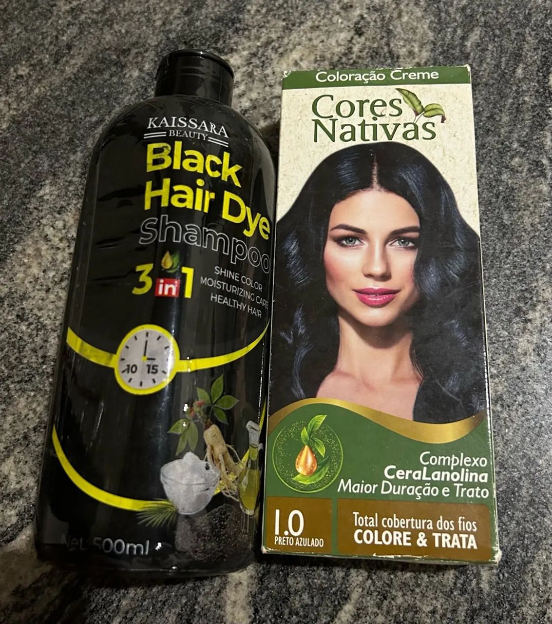 Shampoo e Tinta de Cabelo na cor Preto