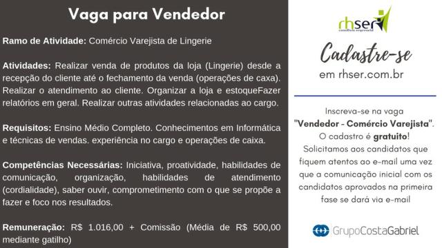 Vaga para Vendedor Interno - Comércio Varejista