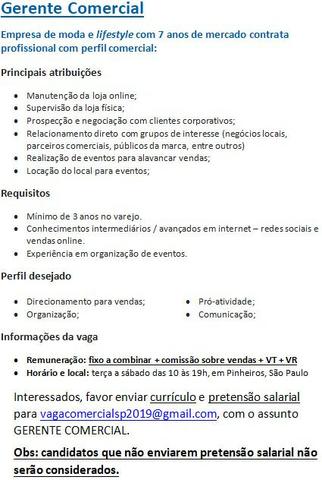 Gerente Comercial em Pinheiros, São Paulo