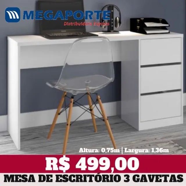 Mesa de Escritório 1,36m 3 Gavetas - 2 Cores (Novo) Entrega Grátis!