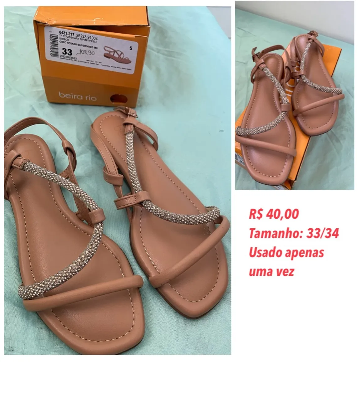 Sandália rasteirinha Beira Rio Strass - Tamanho 33/34