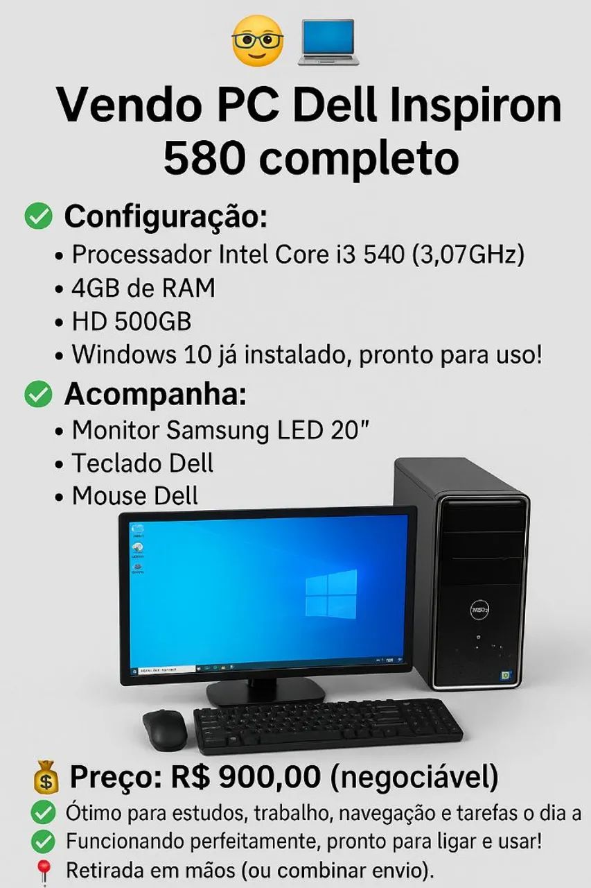 PC Dell Inspiron 580 Completo Intel Core i3 Computadores e