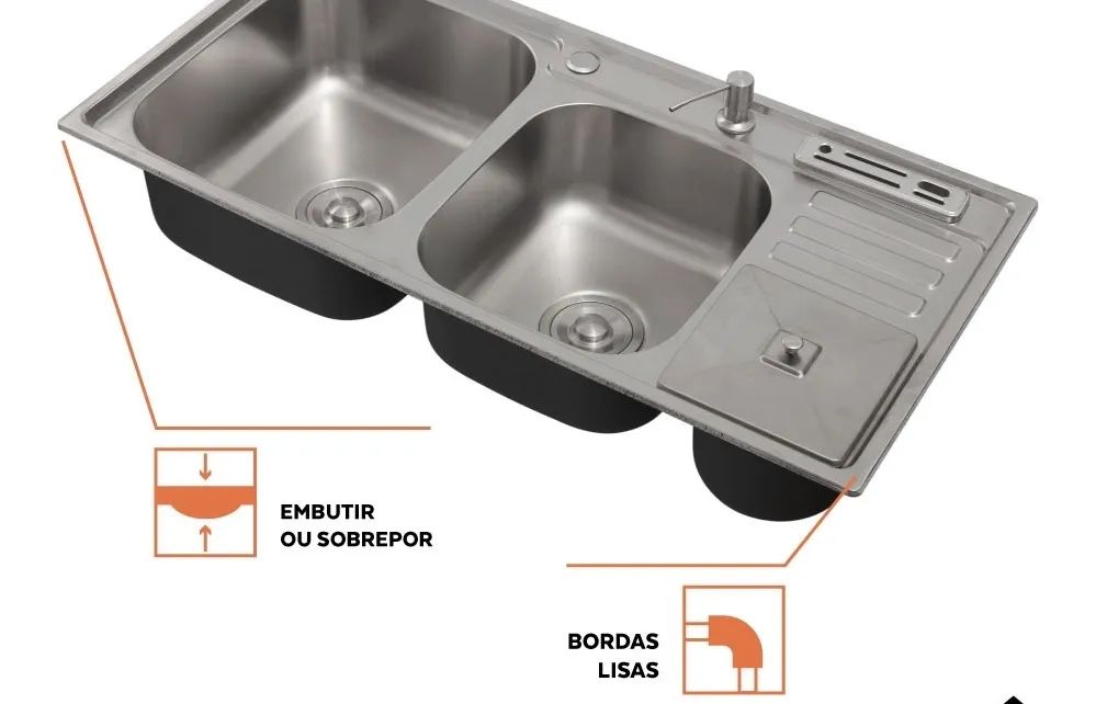 Cuba Dupla Gourmet para Cozinha com Acessórios e Lixeira Aço Inox 201 92x45cm - Foto 2
