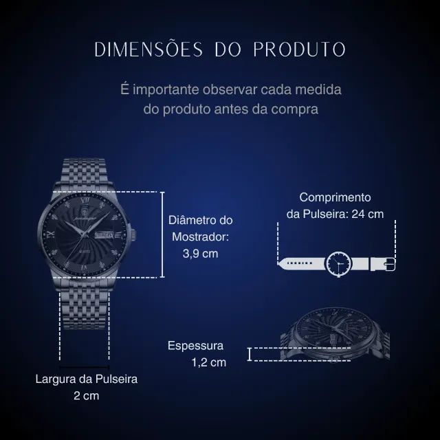 Relógio de Pulso Masculino Clássico  Mostrador Preto e Pulseira Aço Inox - Foto 4