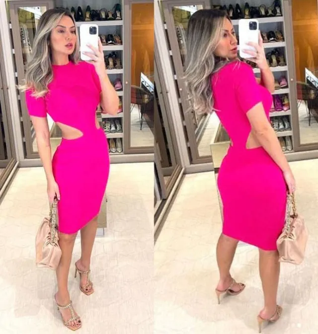 Vestido curto manga curta cintura vazada modal