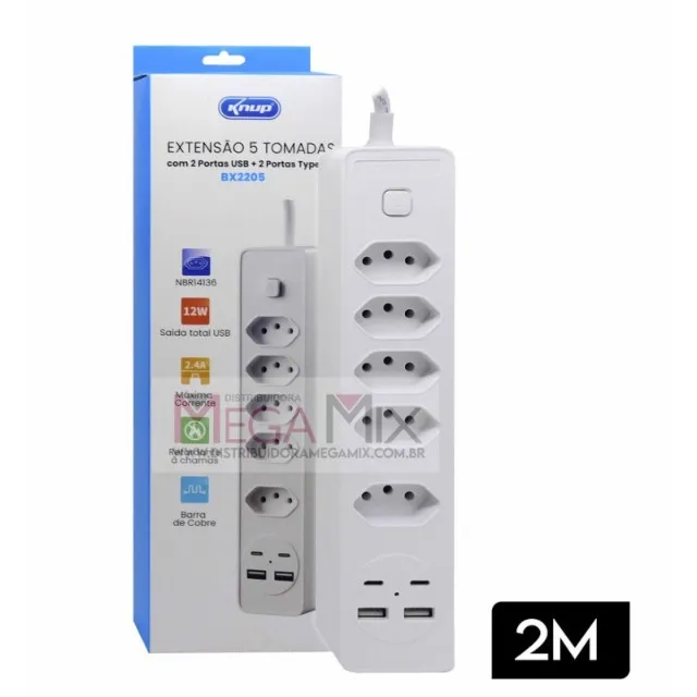 Extensão 5 Tomadas + 2 USB + 2 Tipo-C 2M BX2205 - Knup 004479