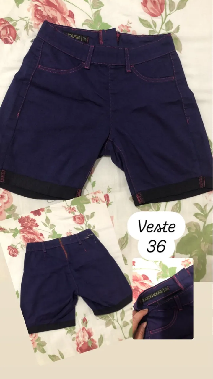 Shorts Azul Marinho com Detalhes em Rosa