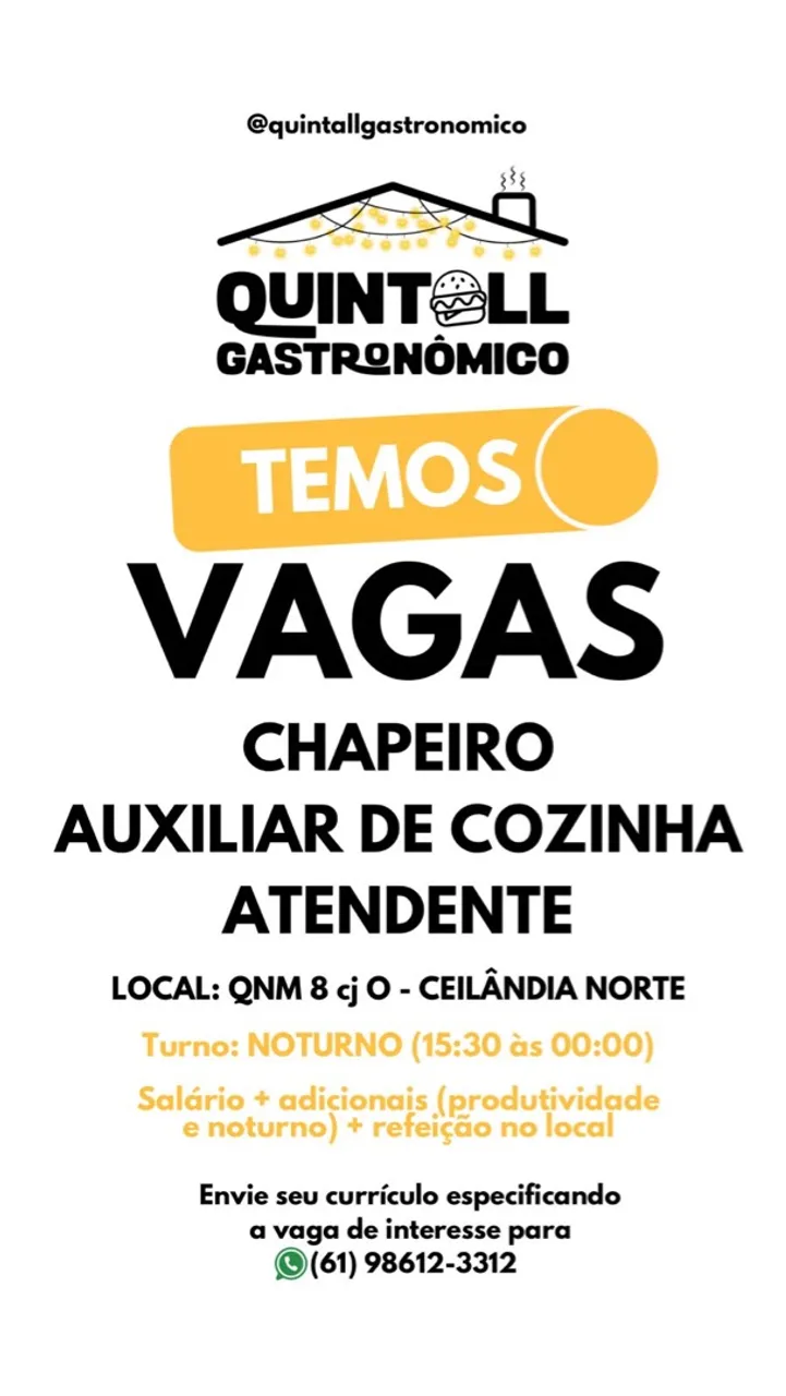 VAGAS DE EMPREGO- Auxiliar de cozinha, chapeiro e atendente