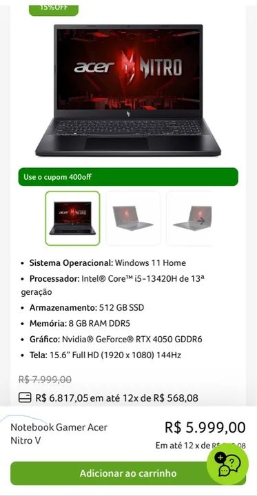 Notebook Gamer Acer Nitro V - Intel Core i5 - RTX 4050 16GB, aceito troca 
