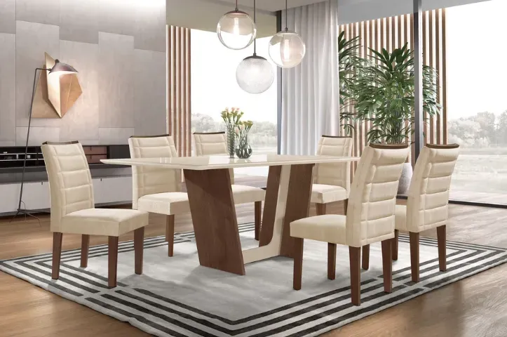 Mesa de Jantar Florença com 6 Cadeiras Tampo em MDF + Vidro