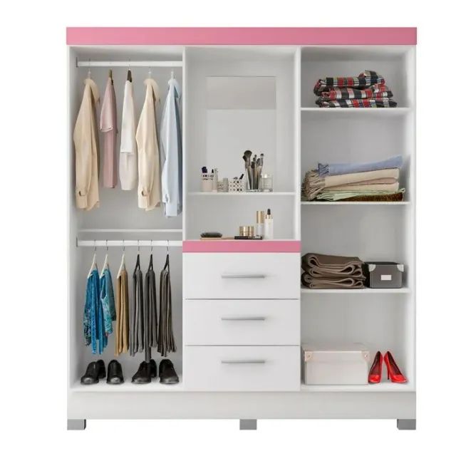 Guarda Roupa Infantil 4 Portas 3 Gavetas Caribe Com Espelho Branco Rosa - Montagem Grátis  - Foto 3