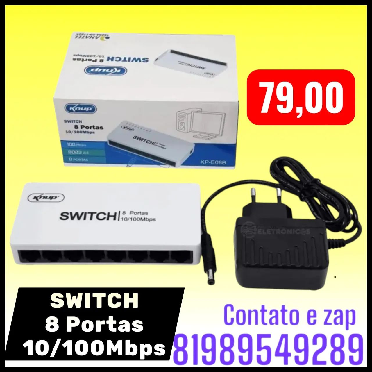 Switch de Rede Knup KP-E08B de 8 Portas 10/100 Mbps
