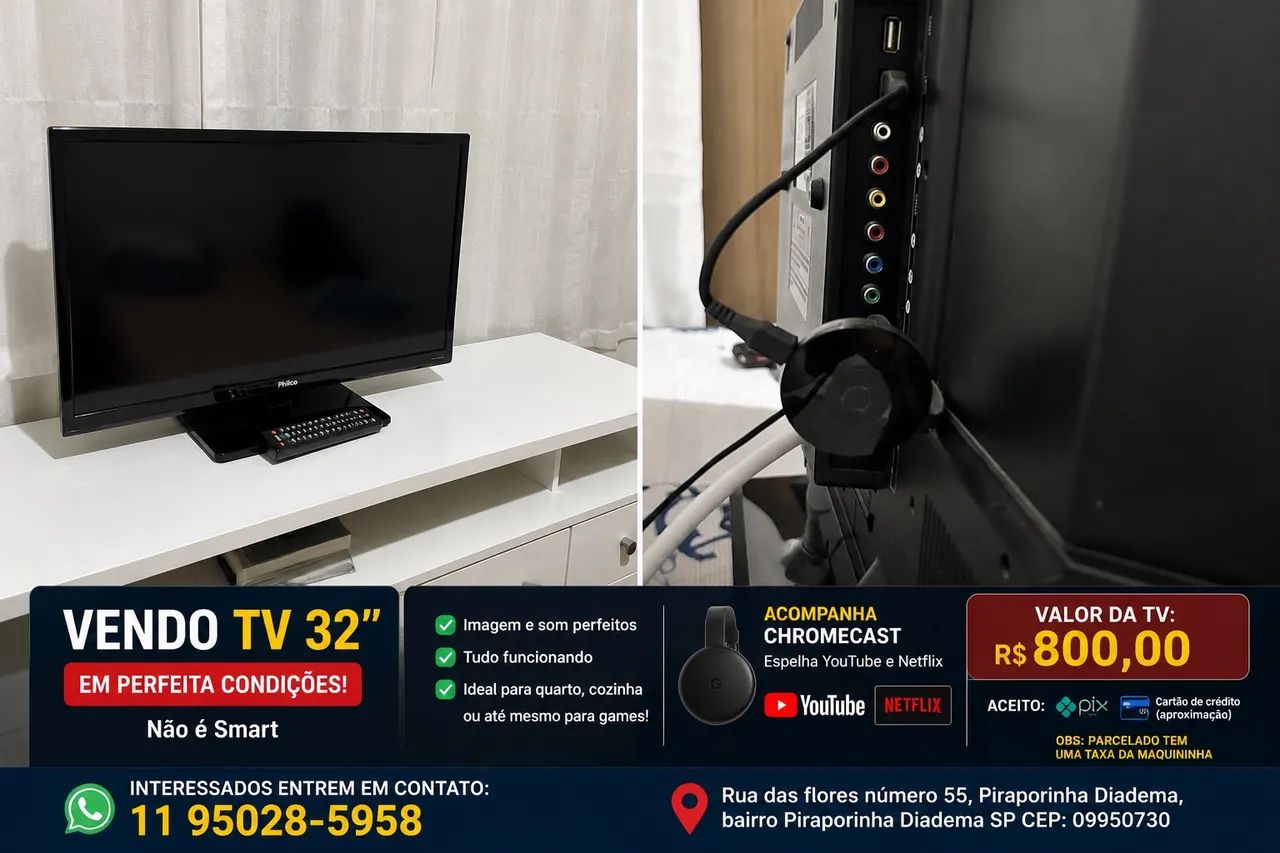 TV Philco 32? em Perfeito Estado + Chromecast | YouTube e Netflix | R$ 800