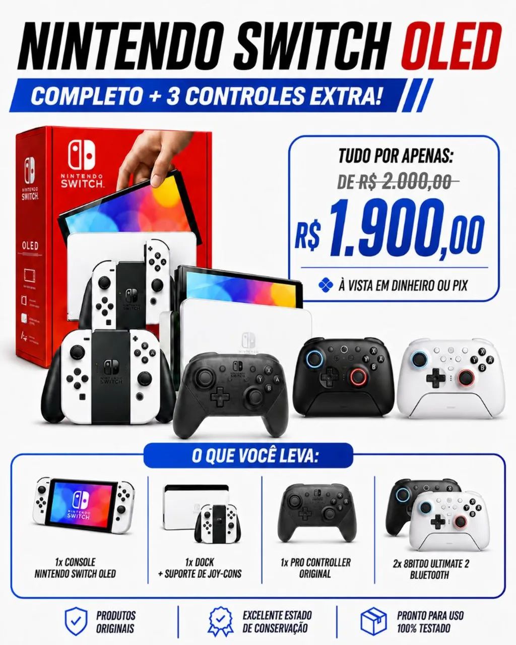 NINTENDO SWITCH OLED + 3 CONTROLES 