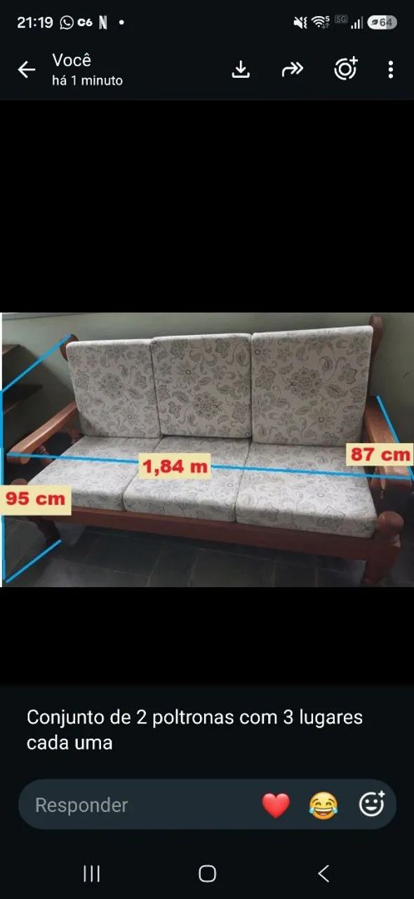 Vendo 2 sofás 3 lugares, madeira maciça com almofadas no assento e encosto... - Foto 2