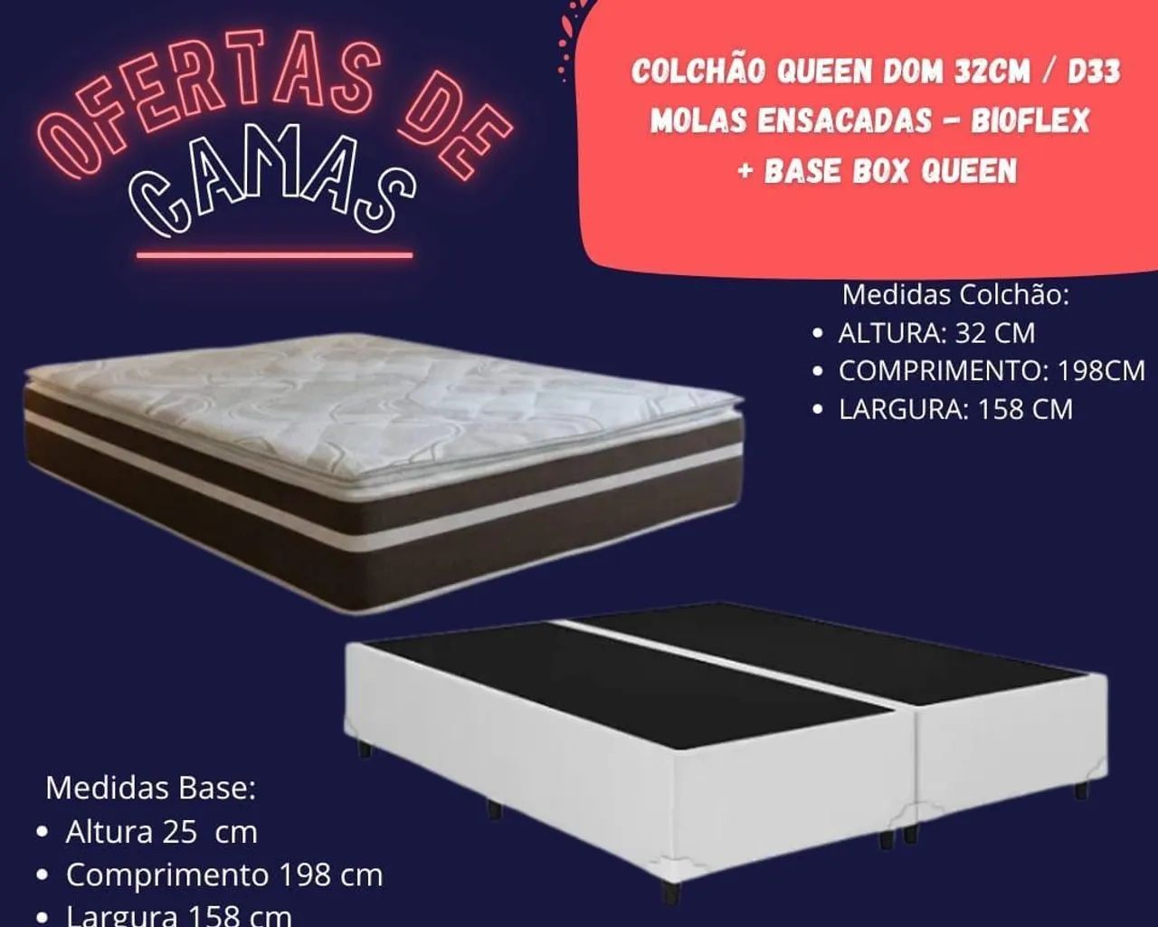 Colchão Queen Dom 32cm D33 Molas Ensacadas + Base Box Queen 