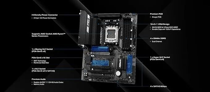 Placa-mãe X870 Asrock Pro-A WiFi ATX AM5 DDR5 8000+(OC) PCIe 5.0