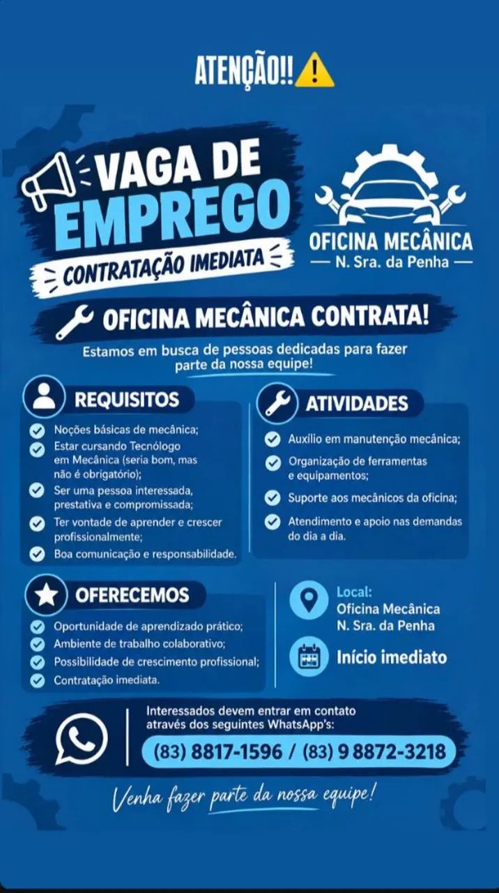 Vaga de emprego, oficina mecânica
