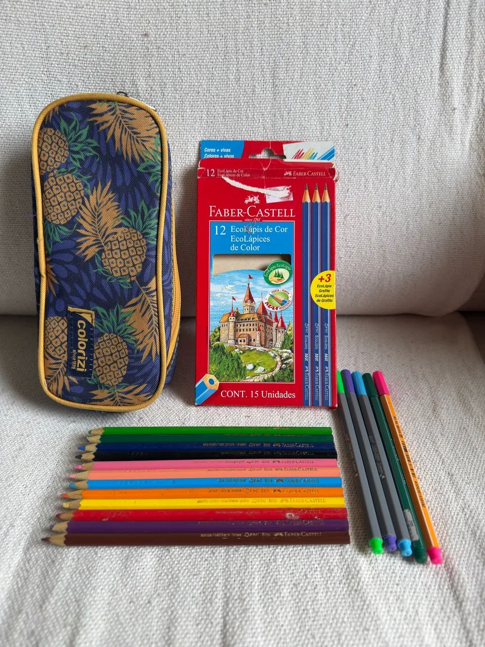 Kit lápis de cor Faber castell + estojo e canetinhas 