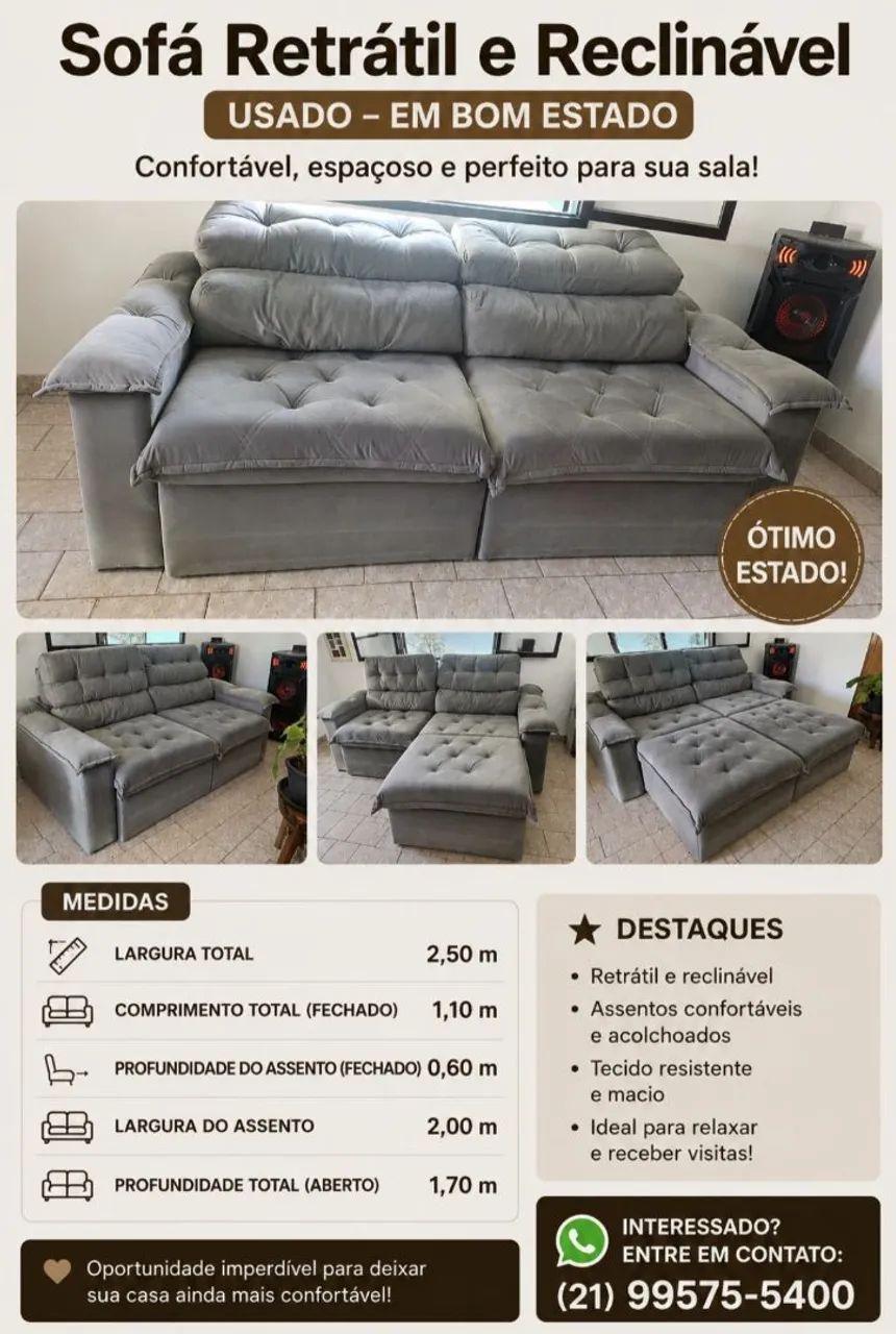 Sofá usado retrátil e reclinável 