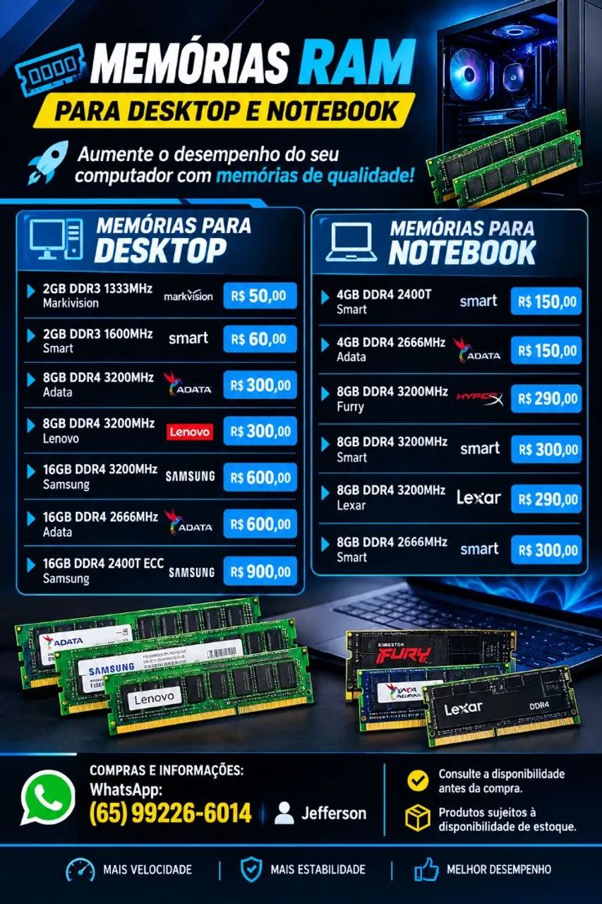 MEMÓRIAS RAM PARA DESKTOP E NOTEBOOK