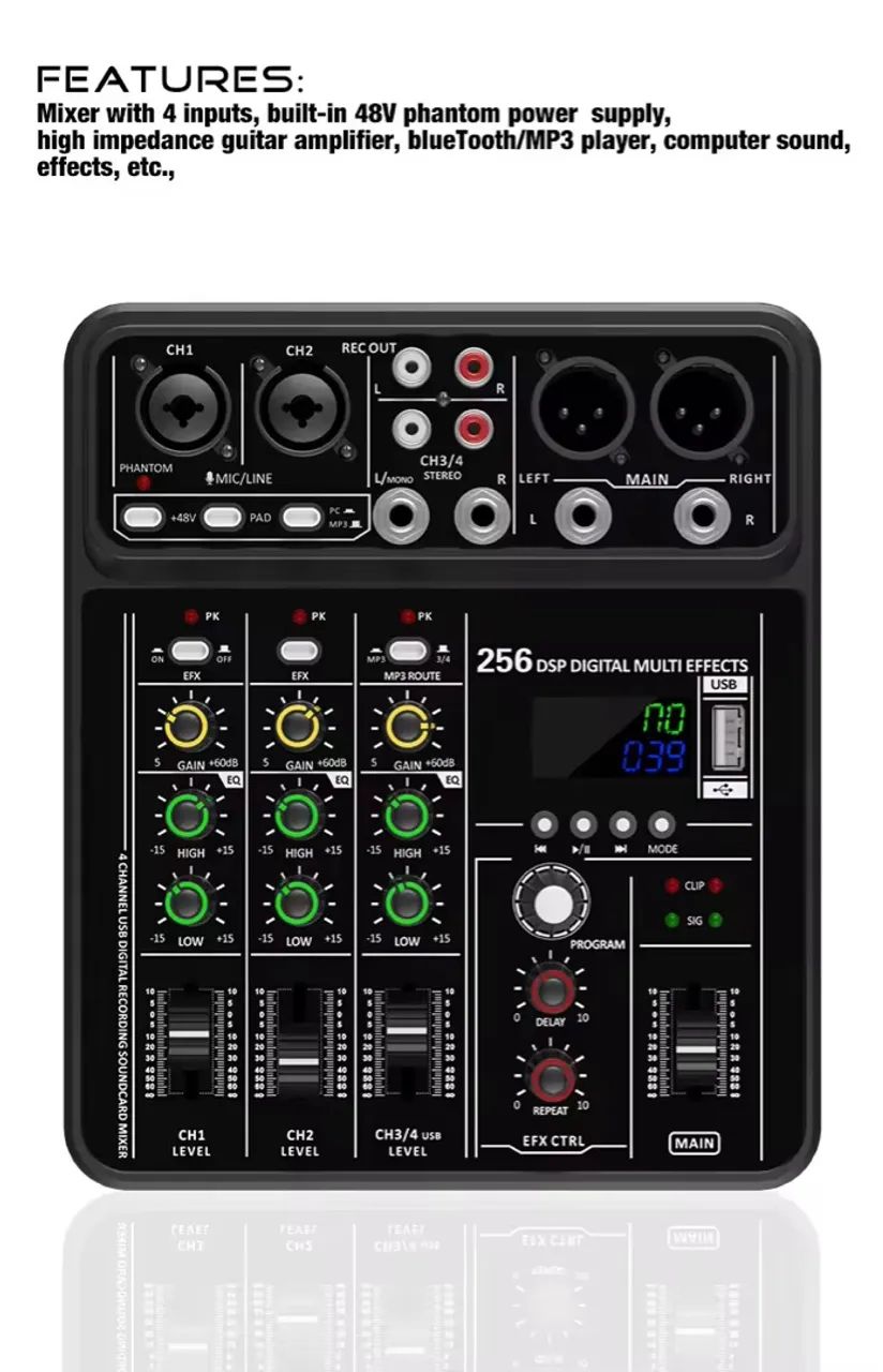 Mesa de Som 4 Canais 256 Efeitos USB Bluetooth