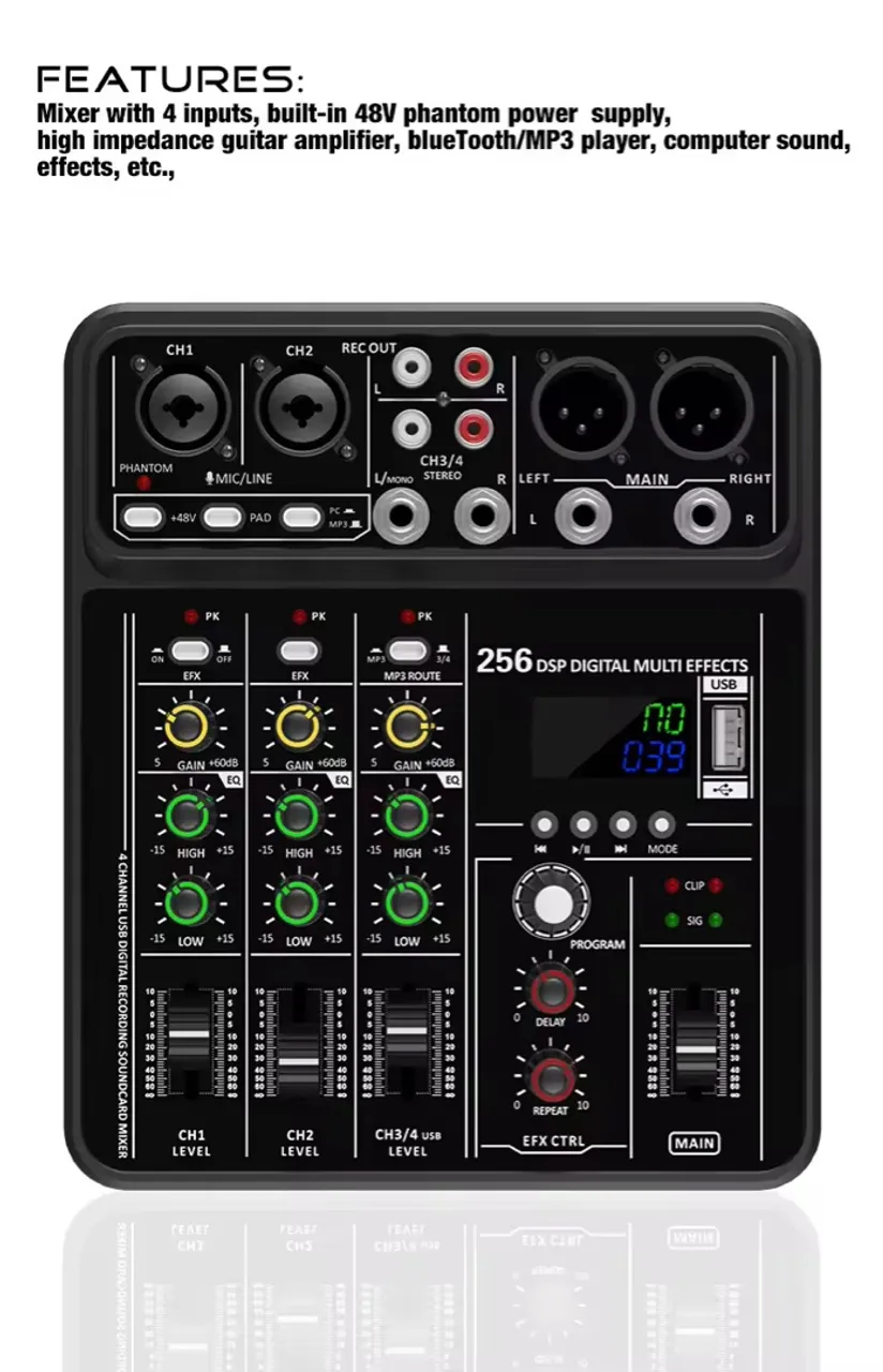 Mesa de Som 4 Canais 256 Efeitos USB Bluetooth