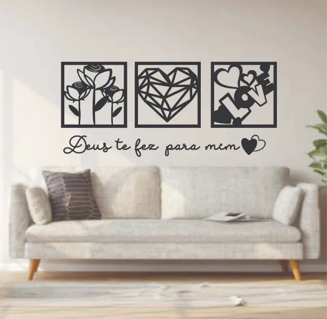 KIT 3 QUADROS DE MDF 3M CORAÇÃO, FLORES E LOVE