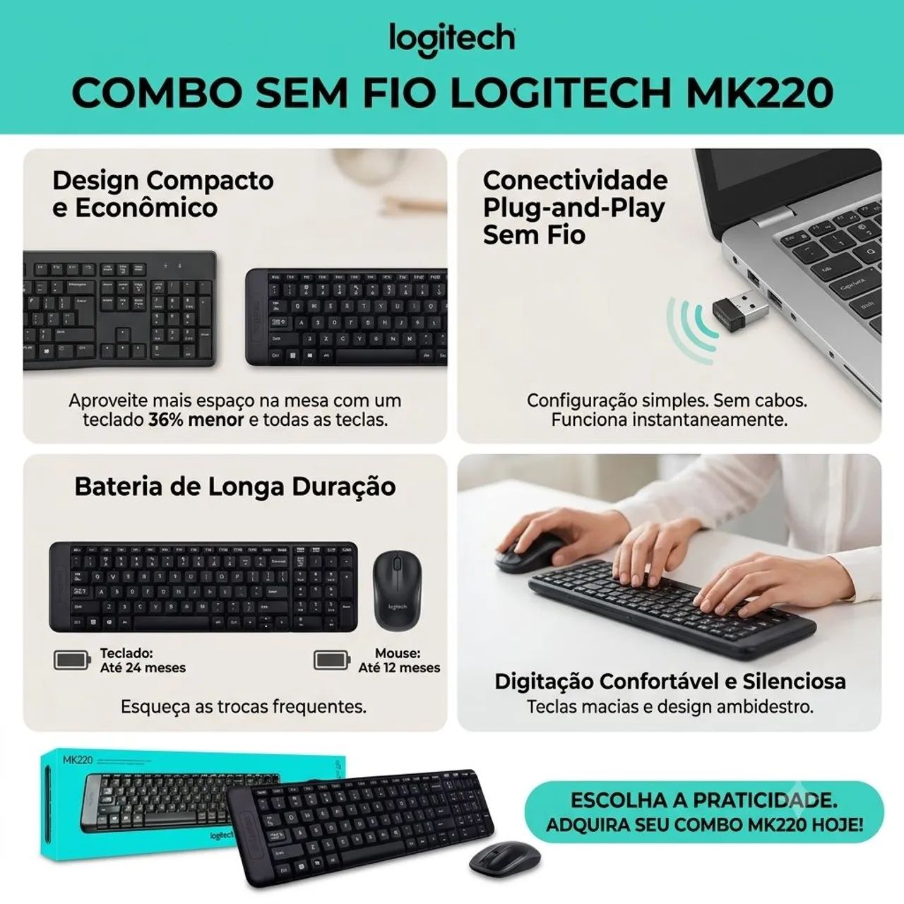 Kit teclado e mouse Logitech MK220 novo - Foto 2