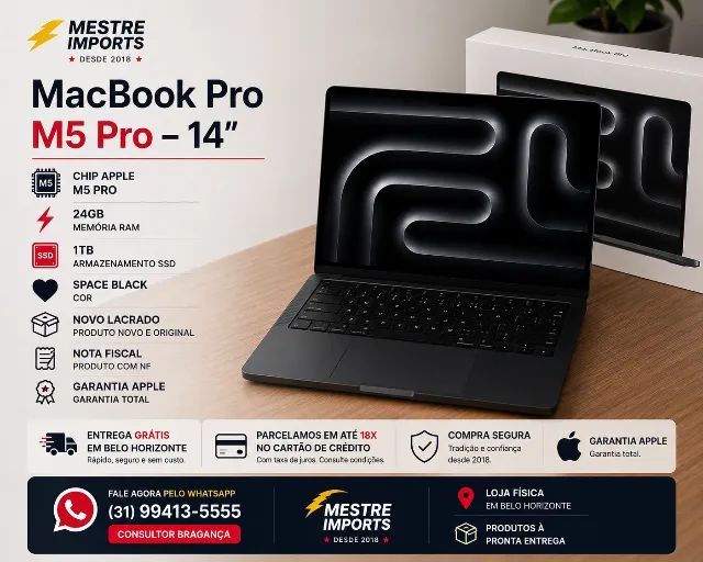 MacBook Pro M5 Pro 14 polegadas 24GB RAM 1TB SSD Space Black - Novo - Nota Fiscal