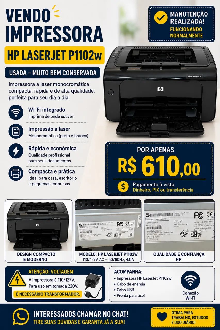 VENDO IMPRESSORA HP LASERJET P1102W