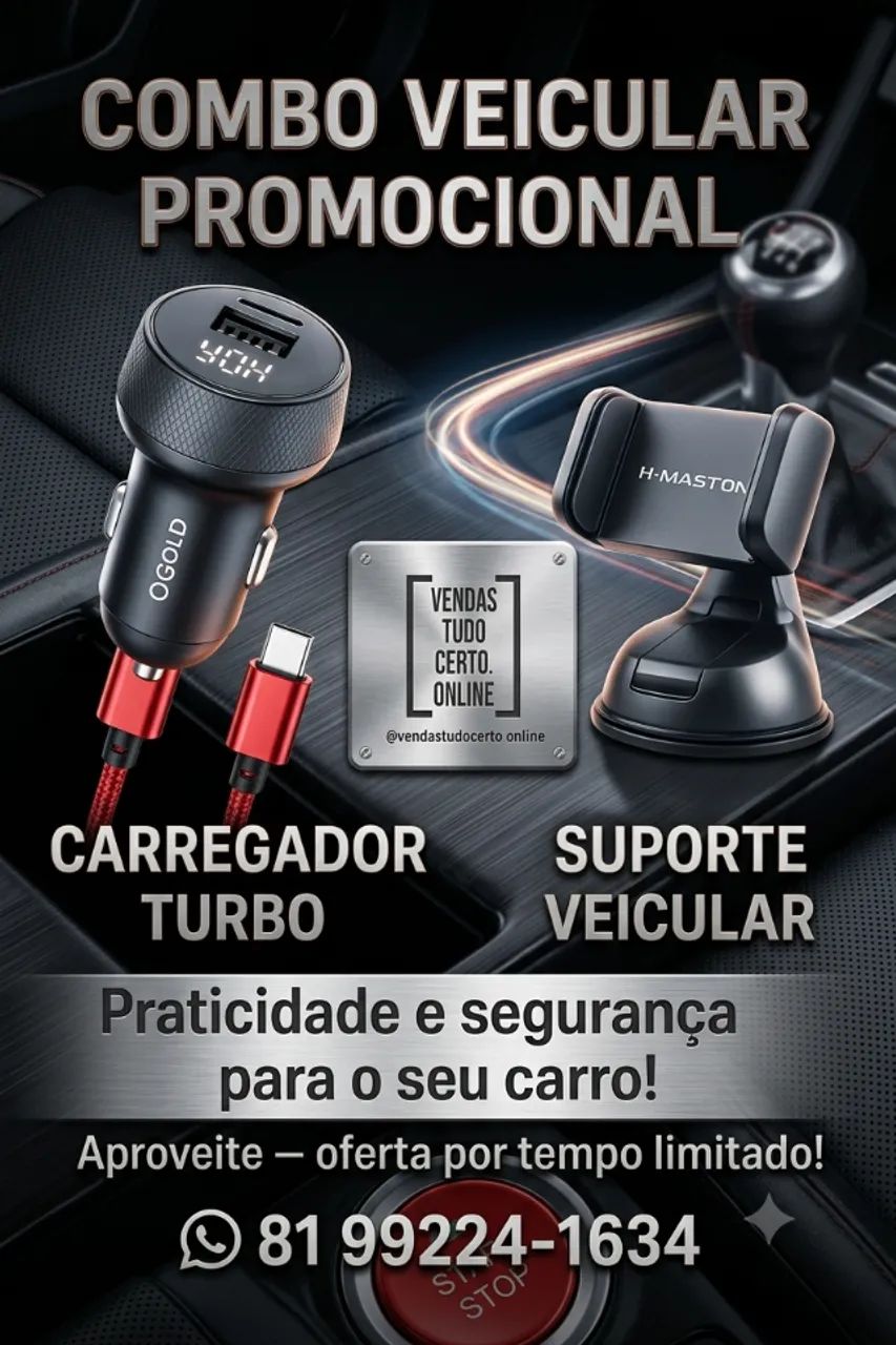 Combo Veicular 2 em 1: Carregador Turbo + Suporte Celular para Carro (Pronta Entrega)