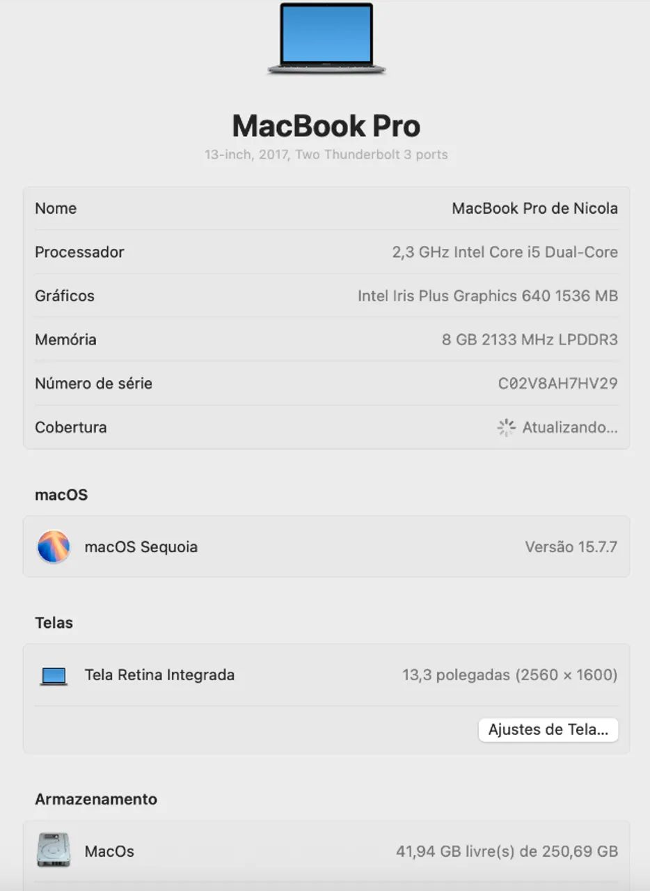 Apple Macbook Pro A1708 (mid 2017) Prata 13.3 I5 8gb (Usado)