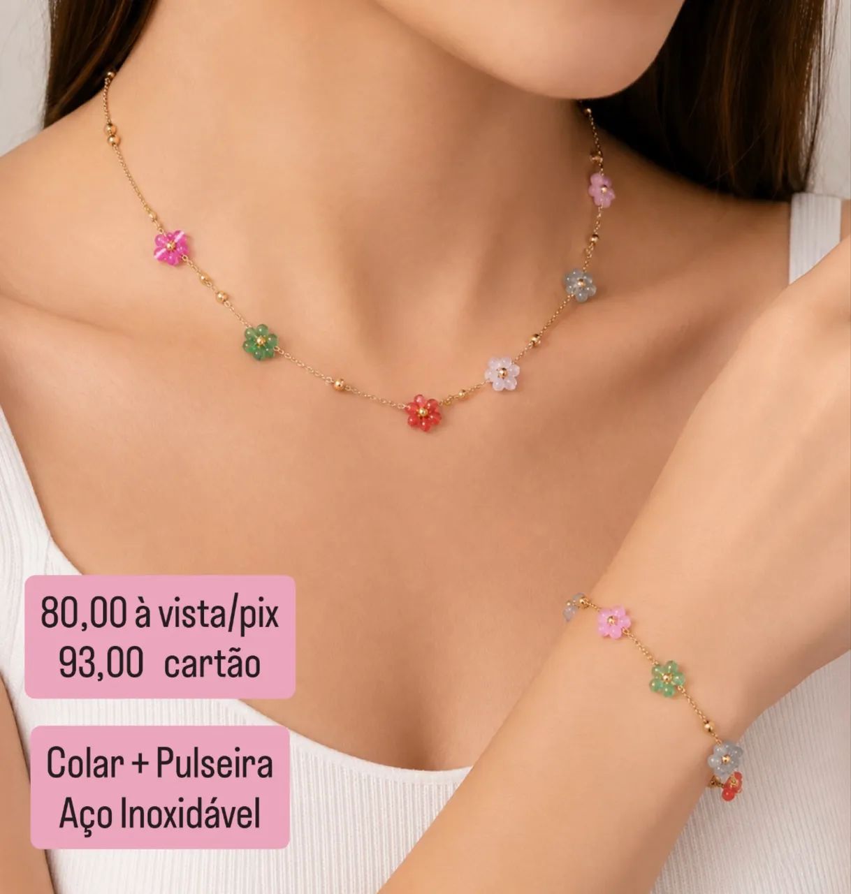 Colar com Pulseira em Flores - Aço 