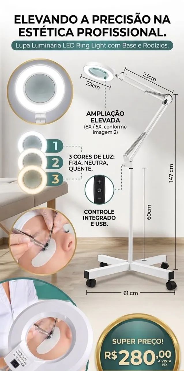 Lupa luminária led com base e rodízios 