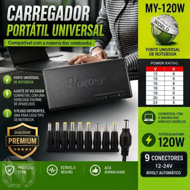 Fonte de Alimentação Universal 120W Compatível com Diversos Notebooks com 10 Adaptadores