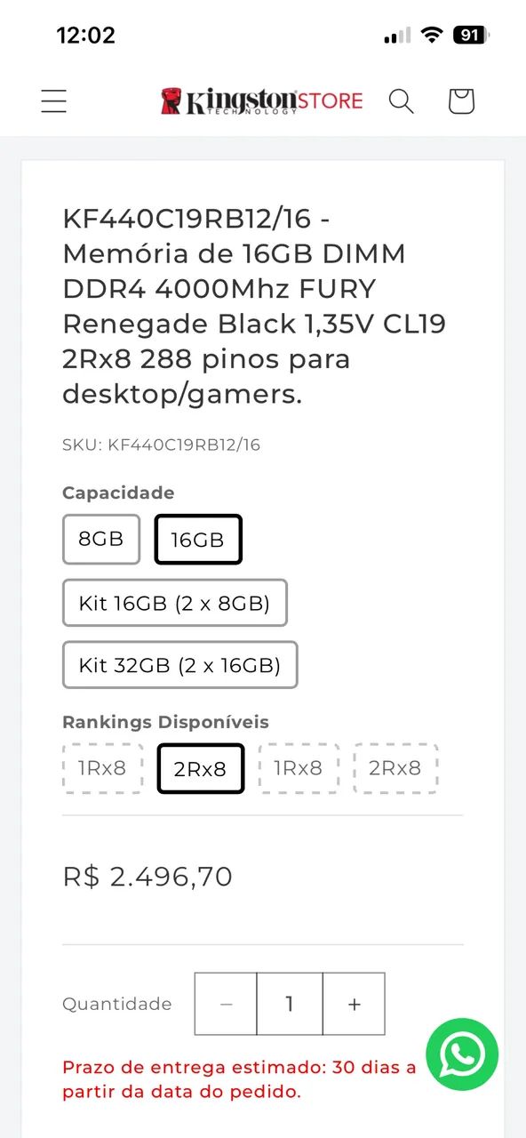 Vendo memória ram kingston Fury Renegade 4000 mhz 16 gb (2x 8gb)