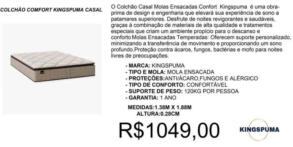 COLCHÃO - COMFORT - CASAL - MOLAS - COMPRE HOJE E RECEBA EM ATÉ 72 HORAS