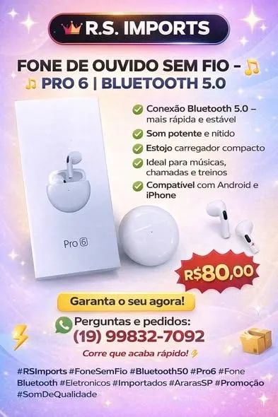 ? FONE DE OUVIDO SEM FIO - PRO 6 | BLUETOOTH 5.0 ? Quer praticidade e som  - Foto 2